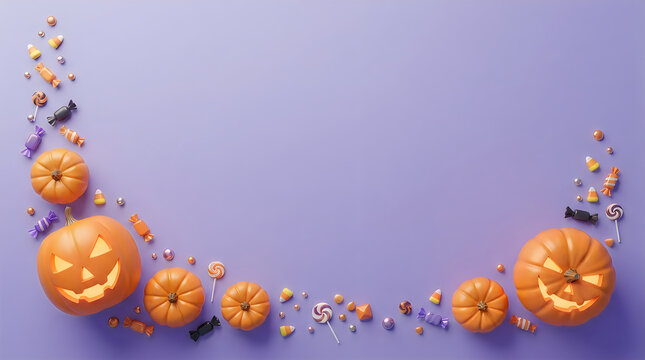 Halloween pumpkins with candy and lollipops on purple background