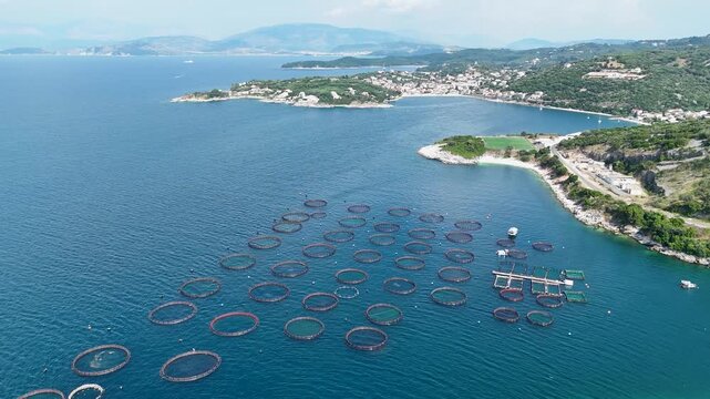 Aerial view of fish farm aquaculture near Corfu coastline