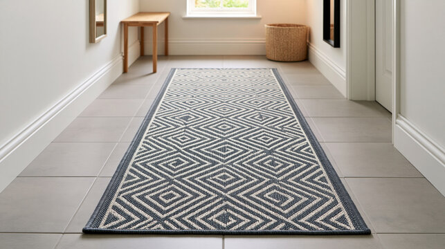 Hallway runner rug in modern interior with geometric pattern and neutral color