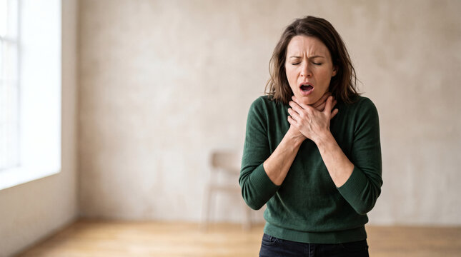 choking emergency woman clutching throat in distress panic attack medical crisis beige studio background photorealistic 8k dramatic lighting wide angle hyper realistic detail sharp focus professional