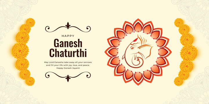 Happy Ganesh Chaturthi Golden Banner with Ganesha and Festival Decorations