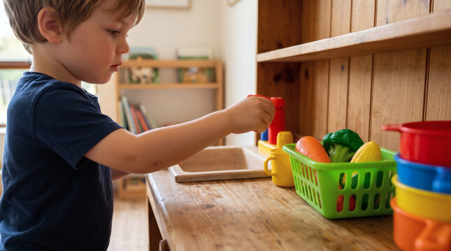 boy playing with toy faucet and colorful pots at kitchen sink childhood joy realistic indoor play bright daylight wide angle professional photo detailed wooden play counter fun kitchen pretend play si