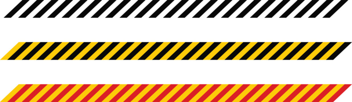 Set of three diagonal striped warning tapes in black yellow and orange colors on white background