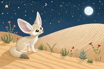 Fototapeta premium Cute fennec fox standing in a starry desert night