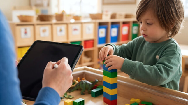 preschool teacher observing child with tablet early education planning kindergarten classroom care professional photorealistic bright daylight wide angle