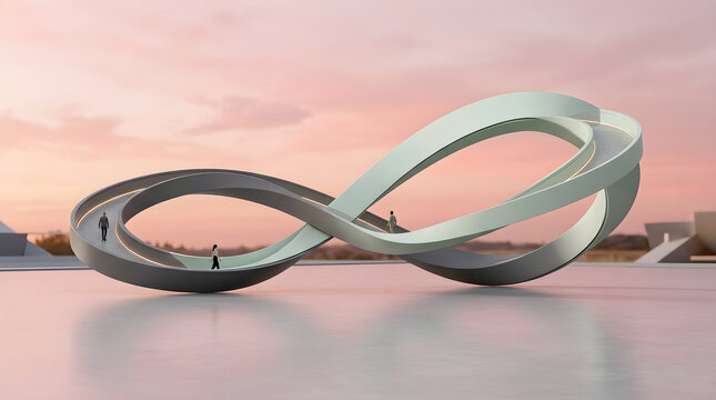 Elegant 3D render showcasing a smoky topaz twisted ribbon archway, aerial view, against a deep night sky with stars, with cool ambient lighting, with subtle floor reflections, clean geometry