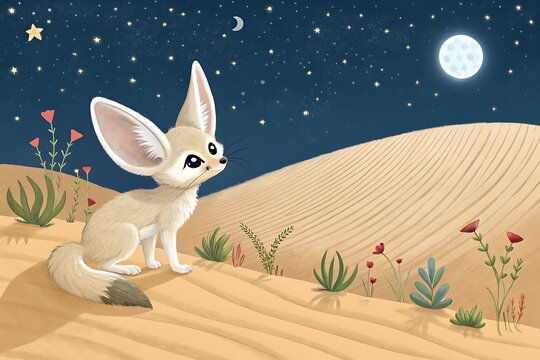 Cute fennec fox standing in a starry desert night