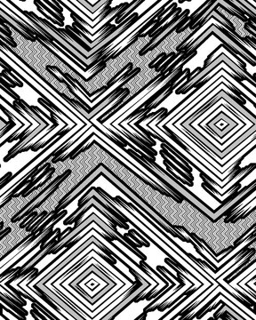Abstract Geometric Seamless Pattern with Chevron and Diamond Shapes in Black, White, and Grey