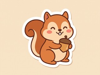 Obraz premium A cute kawaii cartoon squirrel holding an acorn with happy face on light beige background vector sticker illustration.