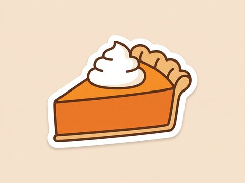 A slice of pumpkin pie with whipped cream topping on light beige background vector sticker illustration.