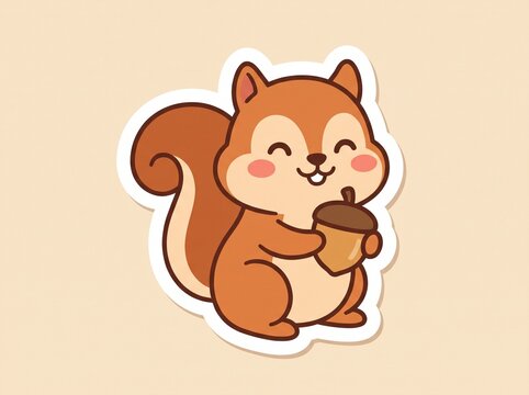 A cute kawaii cartoon squirrel holding an acorn with happy face on light beige background vector sticker illustration.
