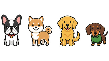 Fototapeta premium Cute dog breeds characters set including French Bulldog Shiba Inu Golden Retriever and Dachshund vector illustration