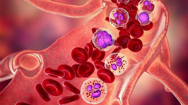 Blood vessel, 3D animation of red and white blood cells flowing inside a cutaway vascular lumen.