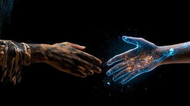 A handshake between a prehistoric man and a man from the future
