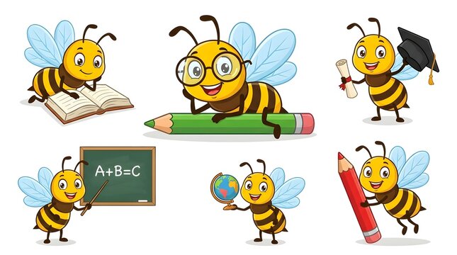 Buzzing back to school a collection of adorable bee characters engaging in educational activities and school supplies
