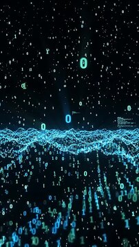 Digital Wave Animation Flowing Through a Starry Night Sky with Binary Code Cascading Downwards. Seamless Looping Motion Graphics.