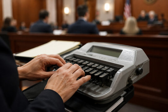 Court stenographer typing on a stenotype machine during a trial