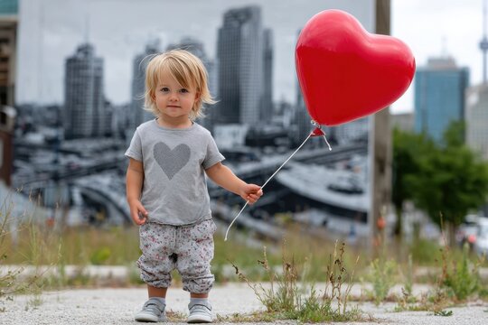 Child holding red heart balloon in urban setting with city skyline in background