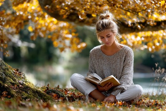 Young Woman Reading a Book Under an Autumn Tree