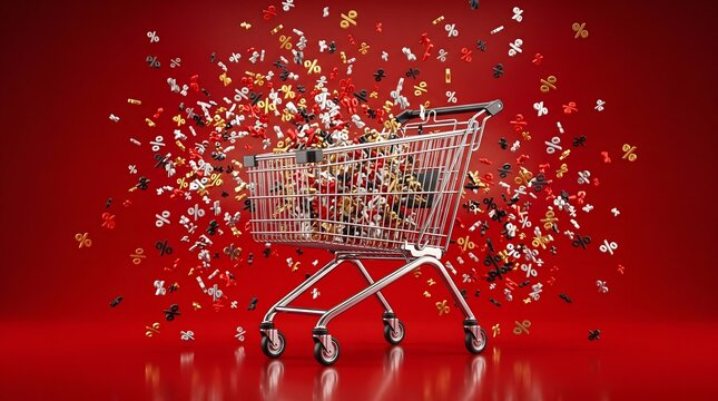 Shopping Cart with Flying Percentage Signs for Super Sale Promotion