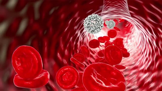 Blood vessel, 3D animation from inside the vascular lumen showing red and white blood cells moving with the bloodstream.