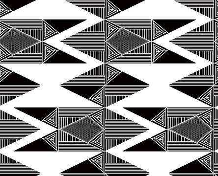 Seamless Tribal Geometric Pattern with Black and White Aztec Motifs