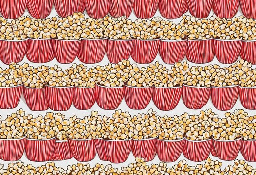 Seamless pattern of red and white striped cups filled with popcorn kernels, perfect for food or festive design