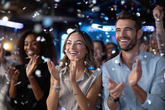 Celebration event with joyful participants clapping and enjoying confetti in a lively atmosphere
