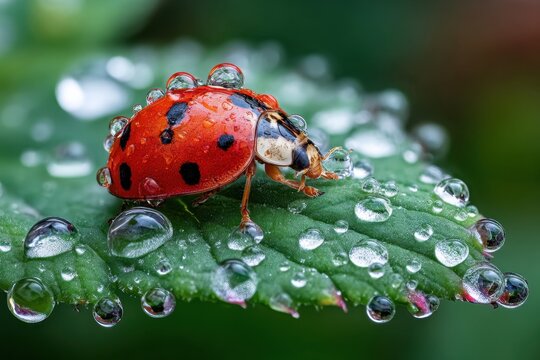 Ladybug Covered in Dewdrops on a Green Leaf