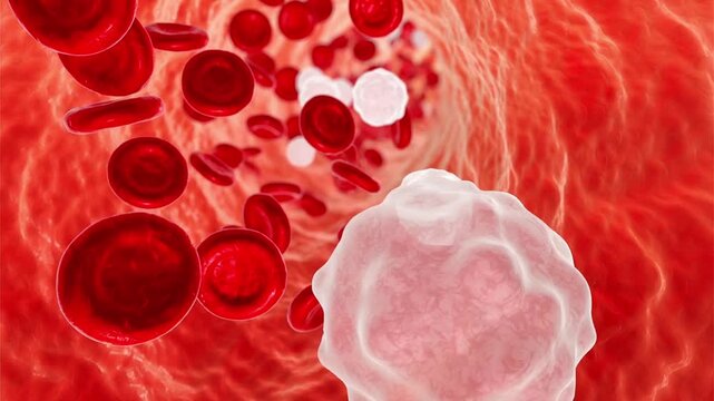 Blood vessel, 3D animation from inside the vascular lumen showing red and white blood cells moving with the bloodstream.