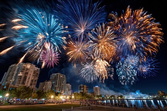 Fireworks Over City Skyline at Night