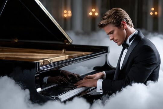 Elegant pianist performs in a luxurious setting with dramatic fog surrounding the grand piano