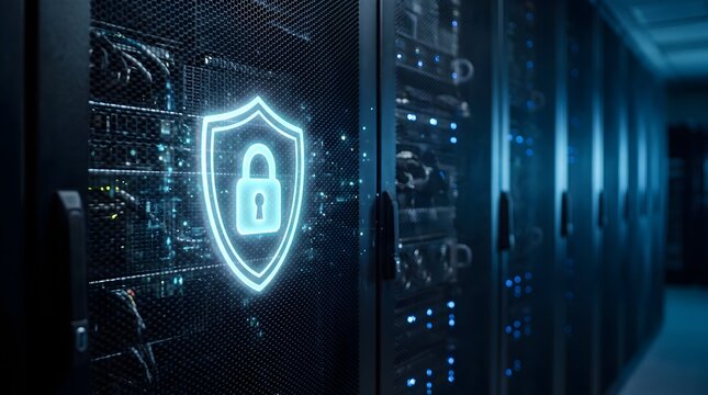 Cybersecurity shield icon in data center server room, digital network security concept, glowing padlock protection on mainframe hardware