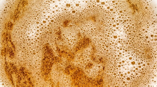 Close up macro view background of golden draft beer foam texture with rising carbonation bubbles and white froth, refreshing cold light lager beverage texture for pub menu design concept.