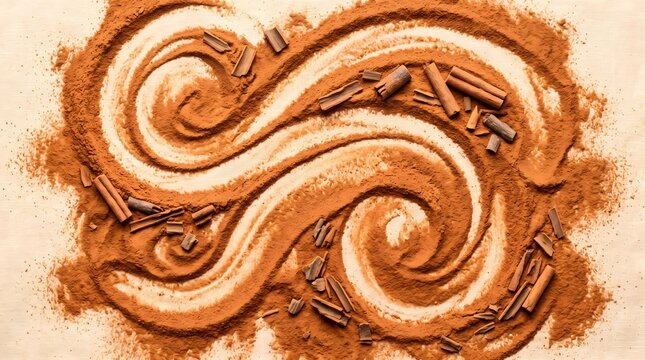 Cinnamon powder swirl pattern with cinnamon sticks on beige background