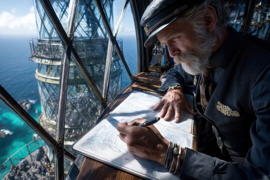 Lighthouse keeper creates detailed maritime sketches while observing the ocean view
