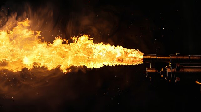 Cinematic shots of intense flames and flamethrowers shooting into the darkness