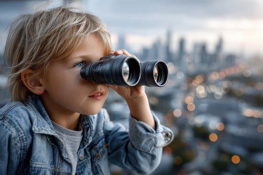 Young child using binoculars to explore the city skyline at dusk from a high vantage point