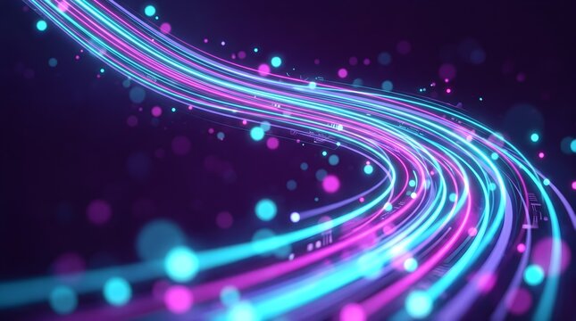 Futuristic fiber optic light trails, glowing neon data streams in motion, abstract digital high speed internet connection background
