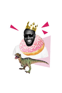 Vertical art banner collage of happy american man wear donut lifebuoy imitation dinosaur monster toy crown sunglass on blue background