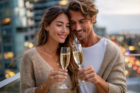 Couple celebrating at sunset with champagne on a city balcony
