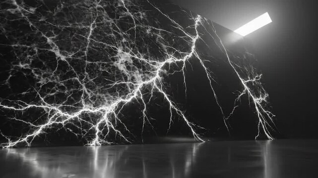 Abstract lightning strikes across a marble wall in a dark modern interior with reflected light