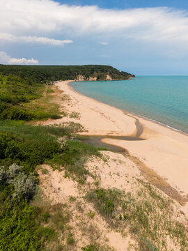 Aerial view of Kara Dere beach with a stream flowing into the Black Sea, surrounded by lush green forests and sandy dunes in Byala, Varna, Bulgaria.