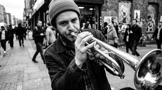 Black and white street photography portrait of a young male musician playing silver trumpet outdoors on busy city sidewalk with pedestrians walking in background during urban performance art.