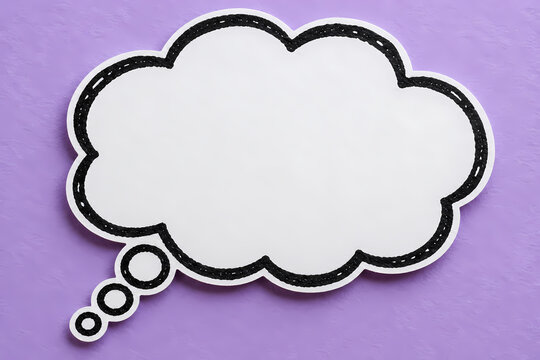 White blank thought bubble with a rough black outline and small circular trail on a lavender background, styled as a paper cutout comic icon with empty space for text or ideas