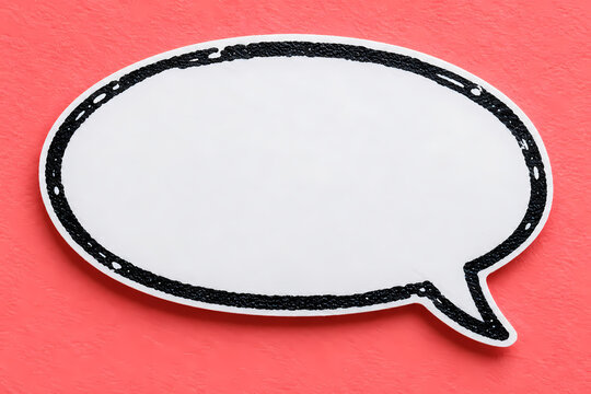 White blank oval speech bubble with a distressed black outline and lower right tail on a coral red background, styled as a paper cutout comic chat icon with empty text space