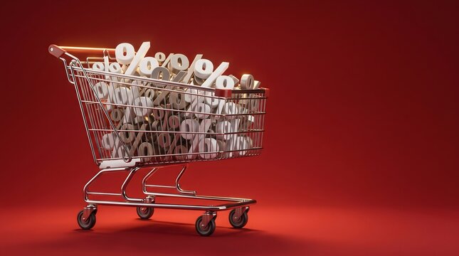 Shopping Cart Filled With Percentage Signs for Sales and Discount Promotions