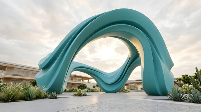 Elegant 3D render featuring a terracotta circular tunnel with rhythmic arches, elevated viewpoint, under a soft pastel dawn sky, with crisp highlight accents, with subtle floor reflections