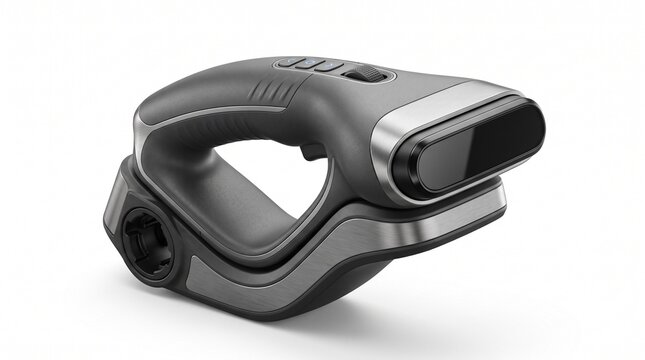 Modern handheld 3D scanner with ergonomic grip. Professional laser scanning device for industrial design. High-tech digital imaging tool.
