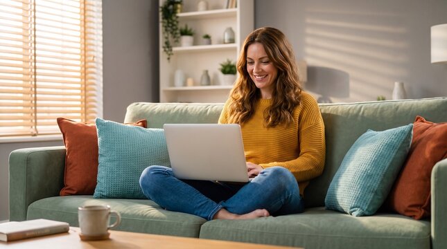 Smiling young woman working remotely on laptop from a comfortable living room couch, embracing a modern, flexible digital lifestyle